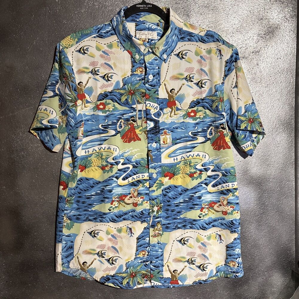 Cotton & Co Hawaiian Shirt Mens M Blue Hula Girl Aloha Tropical Camp Button Up